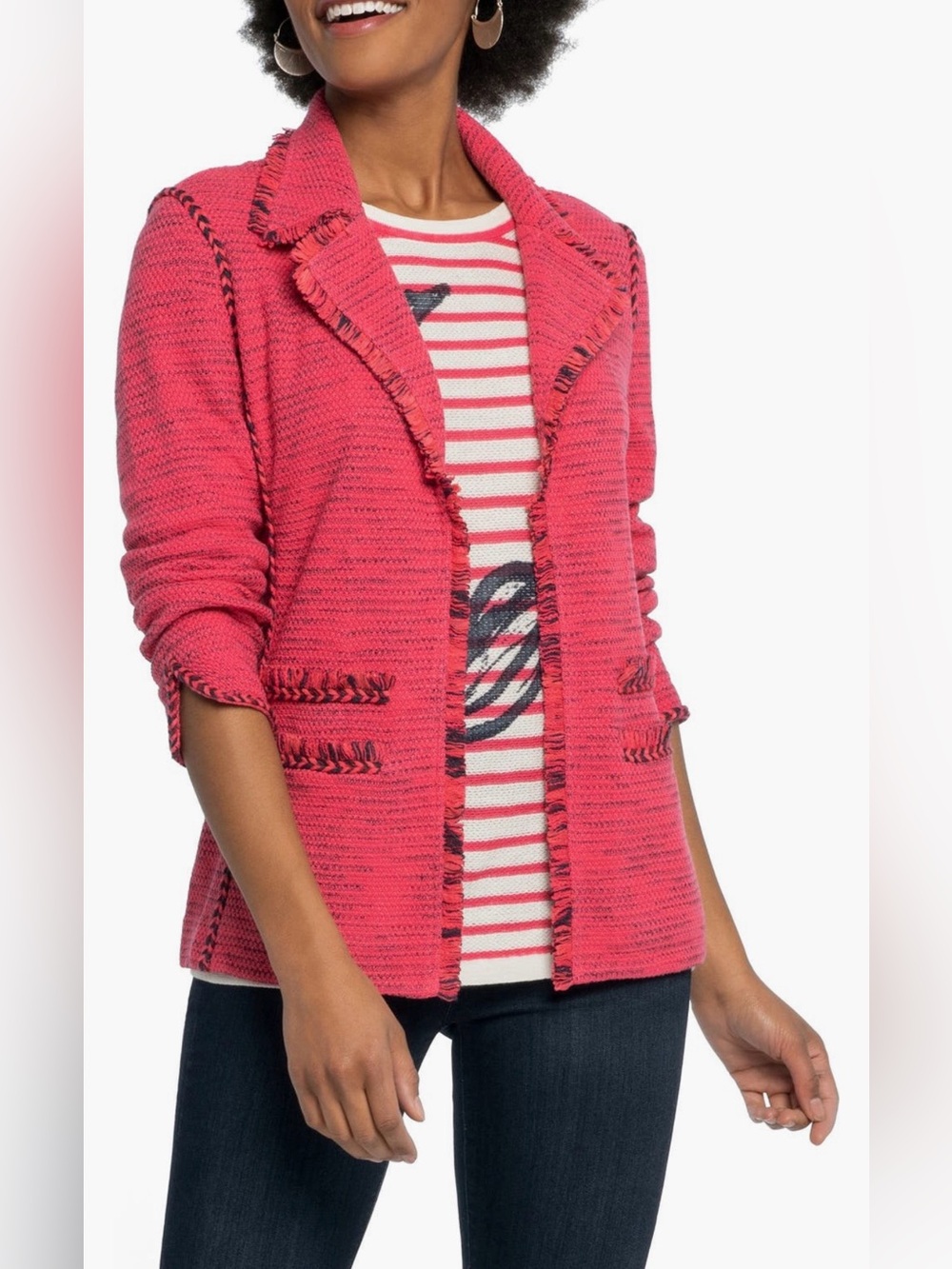 NIC+ZOE Cardigan in Vibrant Pink with Open Front and Black Trim